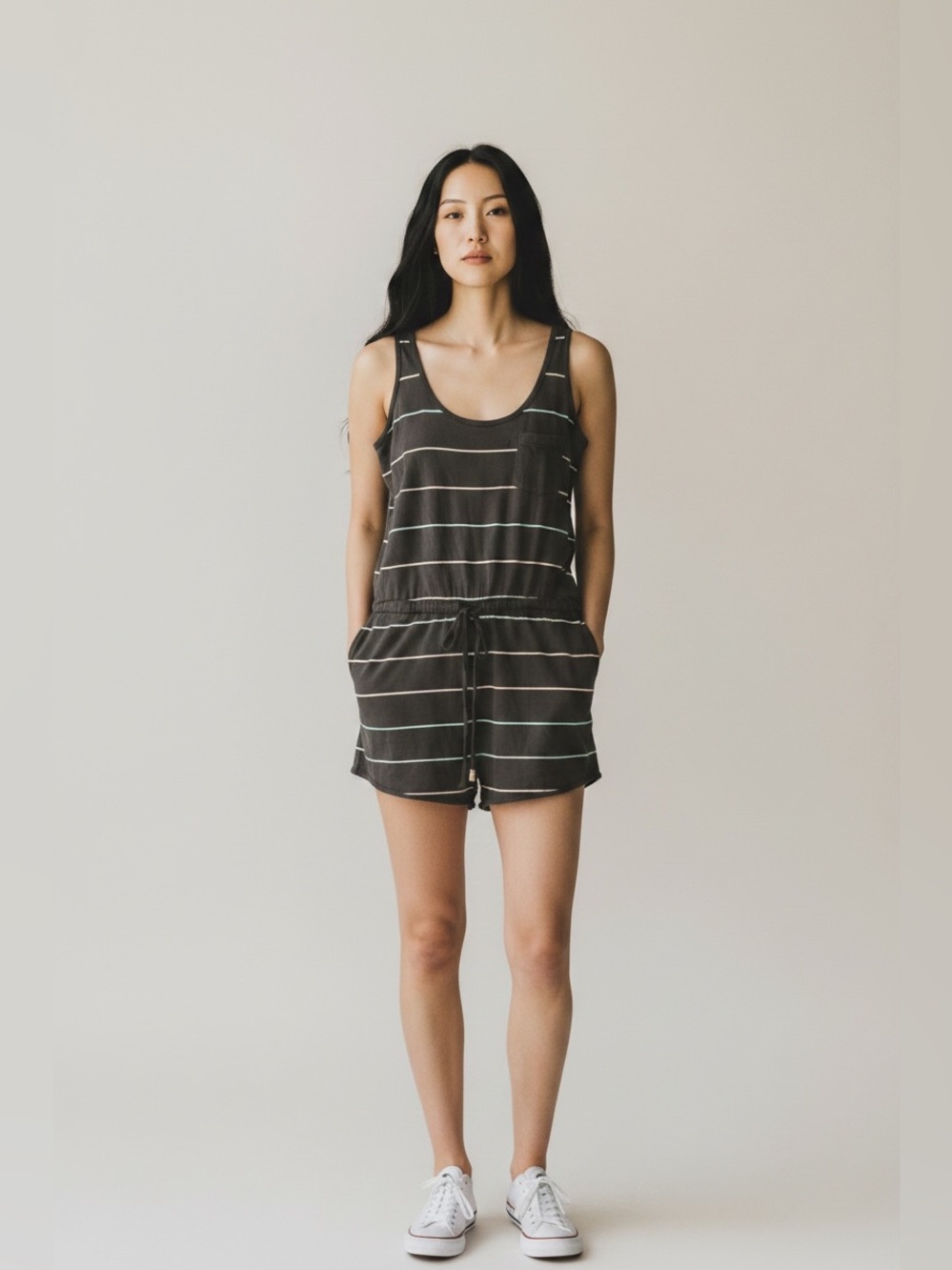 Obey Black Romper with Multicolored Stripes